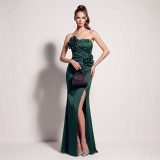 Women Pleated Floral Applique Strapless Slit Mermaid Formal Party Evening Dress