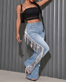 Women Fringed Stretchy Bell Bottom Denim Pants