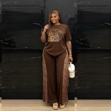 Women Leopard Beaded Top and Leopard Wide Leg Pant Casual Two Piece Set