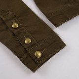 Women Fall Winter American Style Brown Long Sleeve Denim Jacket Top