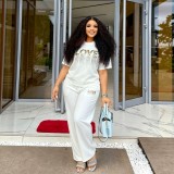 Women Sequin Fringe Beaded Casual Short Sleeve Top and Long Pant Two Piece Set