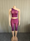 Women Sexy Stretch Shiny See Through Slash Shoulder Top and Capri Pant Two Piece Set