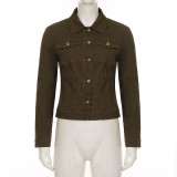 Women Fall Winter American Style Brown Long Sleeve Denim Jacket Top