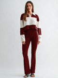 Women Color Block Patchwork Polo Turndown Collar Long Sleeve Top and Striped Bell Bottom Pant Two Piece Set