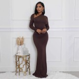 Women Solid Long Sleeve Slash Shoulder Mermaid Bodycon Dress