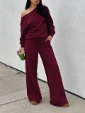 Women Fall Winter Long Sleeve Slash Shoulder Top and Wide Leg Pant Two Piece Set