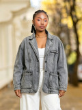 Women Casual Multi Pocket Denim Blazer Coat