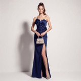 Women Pleated Floral Applique Strapless Slit Mermaid Formal Party Evening Dress