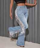 Women Fringed Stretchy Bell Bottom Denim Pants