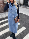 Women Turndown Collar Sleeveless Denim Vest
