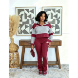 Women Color Block Patchwork Turndown Collar Long Sleeve Top and Bell Bottom Pant Two Piece Set