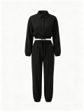 Women Casual Turndown Collar Top and Wide Leg Pant Two Piece Set