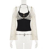 Women French Sexy Holidays Faux Two Piece Patchwork Lace Halter Neck Cami Bell Sleeve Top