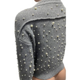 Women Casual Pearl Beaded Long Sleeve Sweater