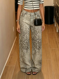 Women Faded Leopard Print Patchwork Metal Snap Button Denim Pants