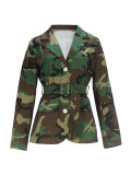 Women Turndown Collar Long Sleeve Belted Camo Blazer