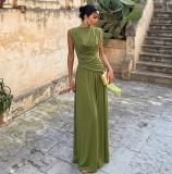 Women French Olive Green Ruched Maxi Dress