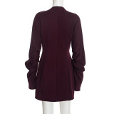 Women Spring Solid Casual Ruched Long Sleeve Dress