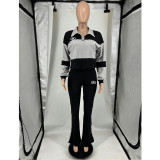 Women Color Block Patchwork Turndown Collar Long Sleeve Top and Bell Bottom Pant Two Piece Set