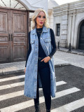Women Turndown Collar Sleeveless Denim Vest