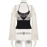 Women French Sexy Holidays Faux Two Piece Patchwork Lace Halter Neck Cami Bell Sleeve Top