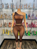 Women Sexy Stretch Shiny See Through Slash Shoulder Top and Capri Pant Two Piece Set