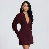 Women Spring Solid Casual Ruched Long Sleeve Dress