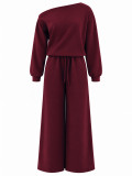 Women Fall Winter Long Sleeve Slash Shoulder Top and Wide Leg Pant Two Piece Set