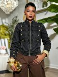 Women Knot Button Washed Denim Coat