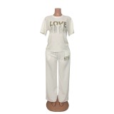 Women Sequin Fringe Beaded Casual Short Sleeve Top and Long Pant Two Piece Set