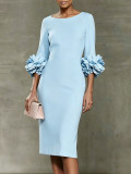 Women Round Neck Floral Solid Bodycon Dress