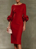 Women Round Neck Floral Solid Bodycon Dress