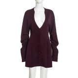 Women Spring Solid Casual Ruched Long Sleeve Dress