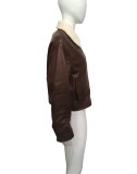 Women Brown Faux Shearling Turndown Collar PU Leather Jacket