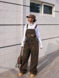 Women Leopard Multi Pocket Cargo Denim Overalls