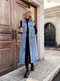 Women Turndown Collar Sleeveless Denim Vest