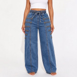 Women American Style Rivet Wide Leg Denim Pants