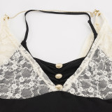 Women French Sexy Holidays Faux Two Piece Patchwork Lace Halter Neck Cami Bell Sleeve Top