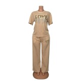 Women Sequin Fringe Beaded Casual Short Sleeve Top and Long Pant Two Piece Set