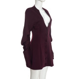Women Spring Solid Casual Ruched Long Sleeve Dress