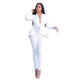 Women Casual Ruffled Blazer and Pant Two Piece Set