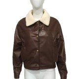 Women Brown Faux Shearling Turndown Collar PU Leather Jacket