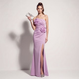 Women Pleated Floral Applique Strapless Slit Mermaid Formal Party Evening Dress