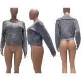 Women Casual Pearl Beaded Long Sleeve Sweater