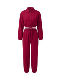 Women Casual Turndown Collar Top and Wide Leg Pant Two Piece Set