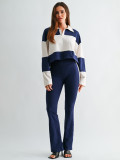 Women Color Block Patchwork Polo Turndown Collar Long Sleeve Top and Striped Bell Bottom Pant Two Piece Set
