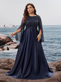 Women Plus Size Round Neck Sequin See Through Cape Sleeve Formal Party Evening Dress