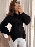 Women Spring Tie Solid Long Sleeve Blouse Top