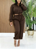 Women Casual Turndown Collar Top and Wide Leg Pant Two Piece Set