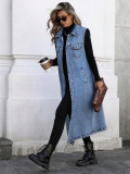 Women Turndown Collar Sleeveless Denim Vest